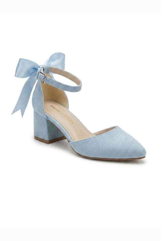 Arielle Baby Blue Suede Bow Ankle Strap Block Heel Sandal