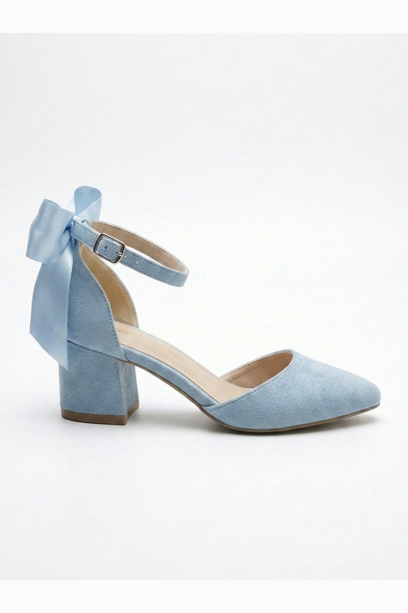 Arielle Baby Blue Suede Bow Ankle Strap Block Heel Sandal