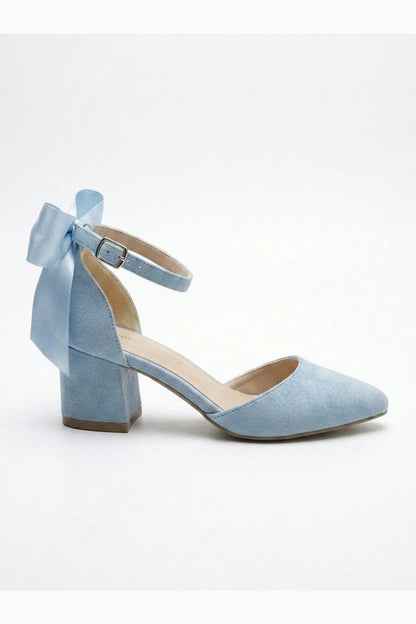 Arielle Baby Blue Suede Bow Ankle Strap Block Heel Sandal