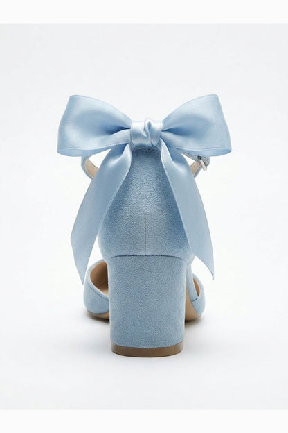 Arielle Baby Blue Suede Bow Ankle Strap Block Heel Sandal