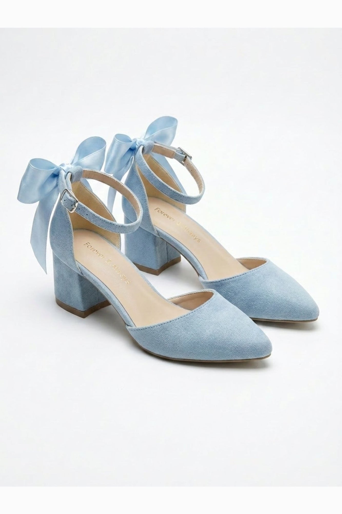 Arielle Baby Blue Suede Bow Ankle Strap Block Heel Sandal
