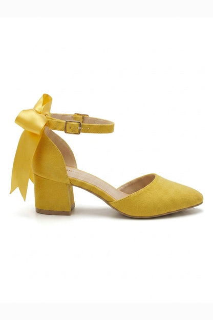 Arielle Yellow Suede Bow Ankle Strap Block Heel Sandal