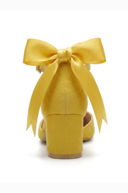Arielle Yellow Suede Bow Ankle Strap Block Heel Sandal