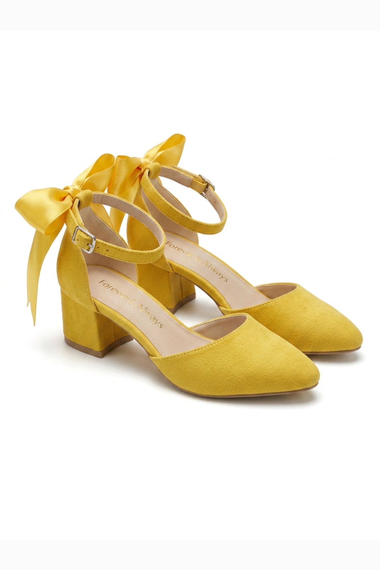 Arielle Yellow Suede Bow Ankle Strap Block Heel Sandal
