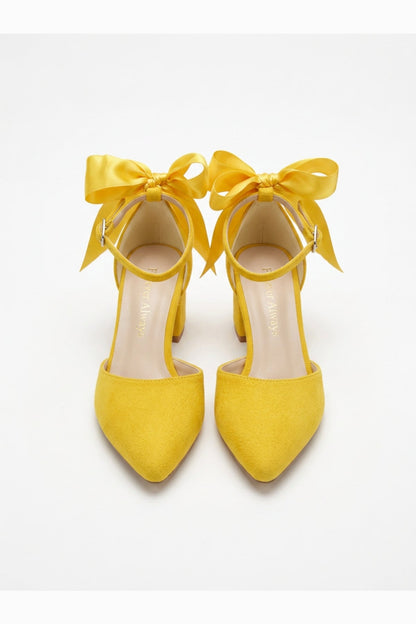 Arielle Yellow Suede Bow Ankle Strap Block Heel Sandal