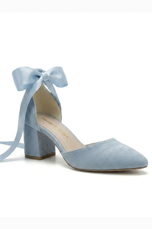Fiona - Baby Blue Suede Heels With Satin Ribbon