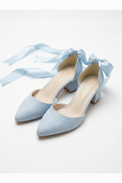 Fiona - Baby Blue Suede Heels With Satin Ribbon
