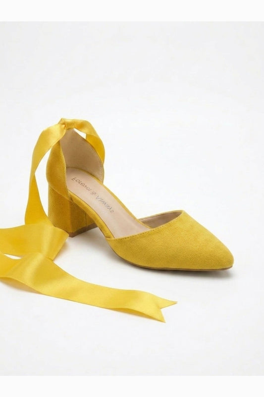 Fiona - Yellow Suede Heels With Satin Ribbon