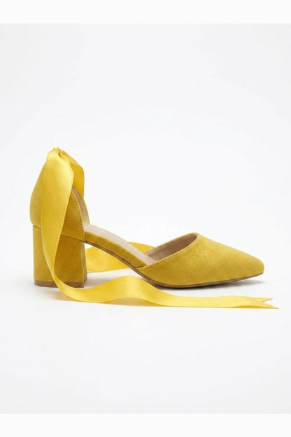 Fiona - Yellow Suede Heels With Satin Ribbon