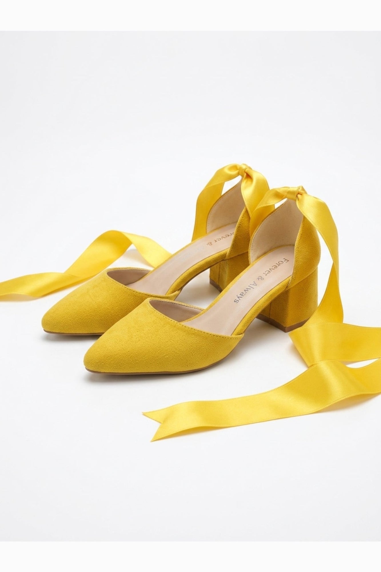 Fiona - Yellow Suede Heels With Satin Ribbon