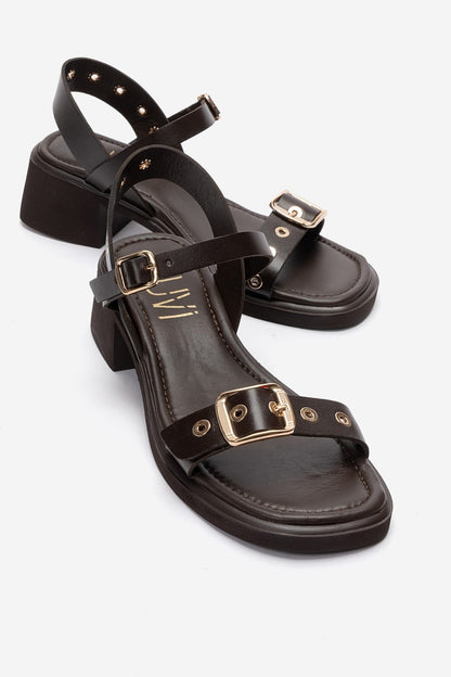 RABEL - Brown Genuine Leather Block Heel Sandal (Women)