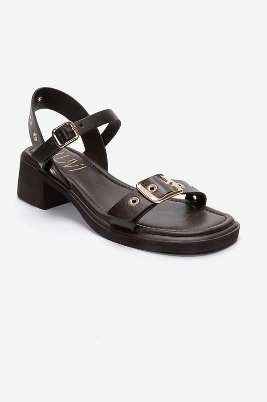 RABEL - Brown Genuine Leather Block Heel Sandal (Women)