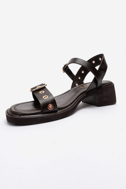 RABEL - Brown Genuine Leather Block Heel Sandal (Women)