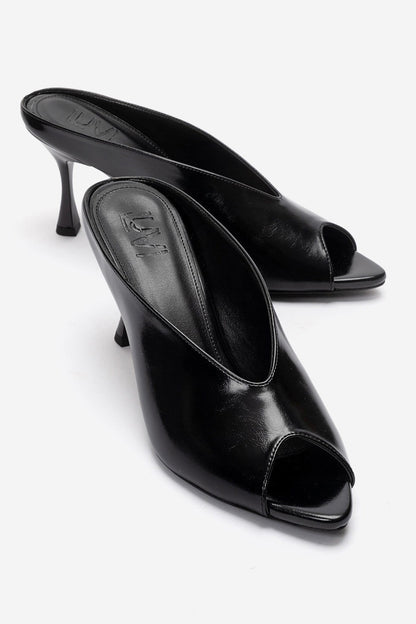 PELINA - Black Genuine Leather Slim Heel Mule (Women)