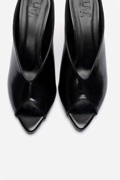 PELINA - Black Genuine Leather Slim Heel Mule (Women)