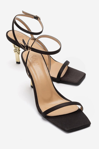 SONE - Black Satin Thin-Strap Gold-Heel Stiletto Pump (Women)