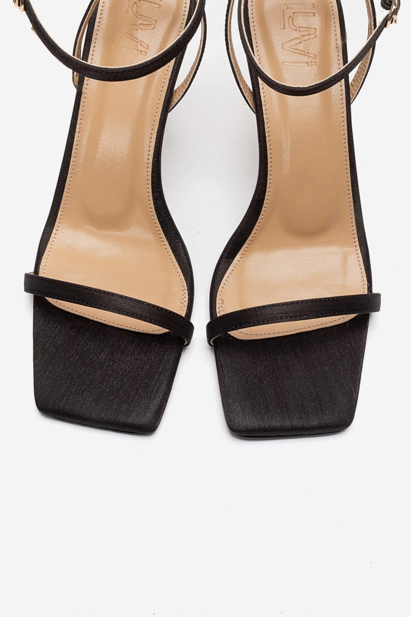 SONE - Black Satin Thin-Strap Gold-Heel Stiletto Pump (Women)