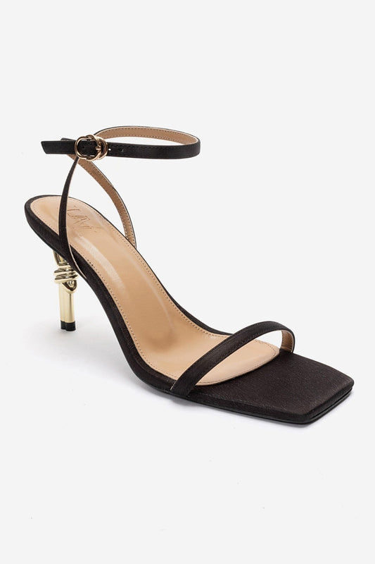 SONE - Black Satin Thin-Strap Gold-Heel Stiletto Pump (Women)