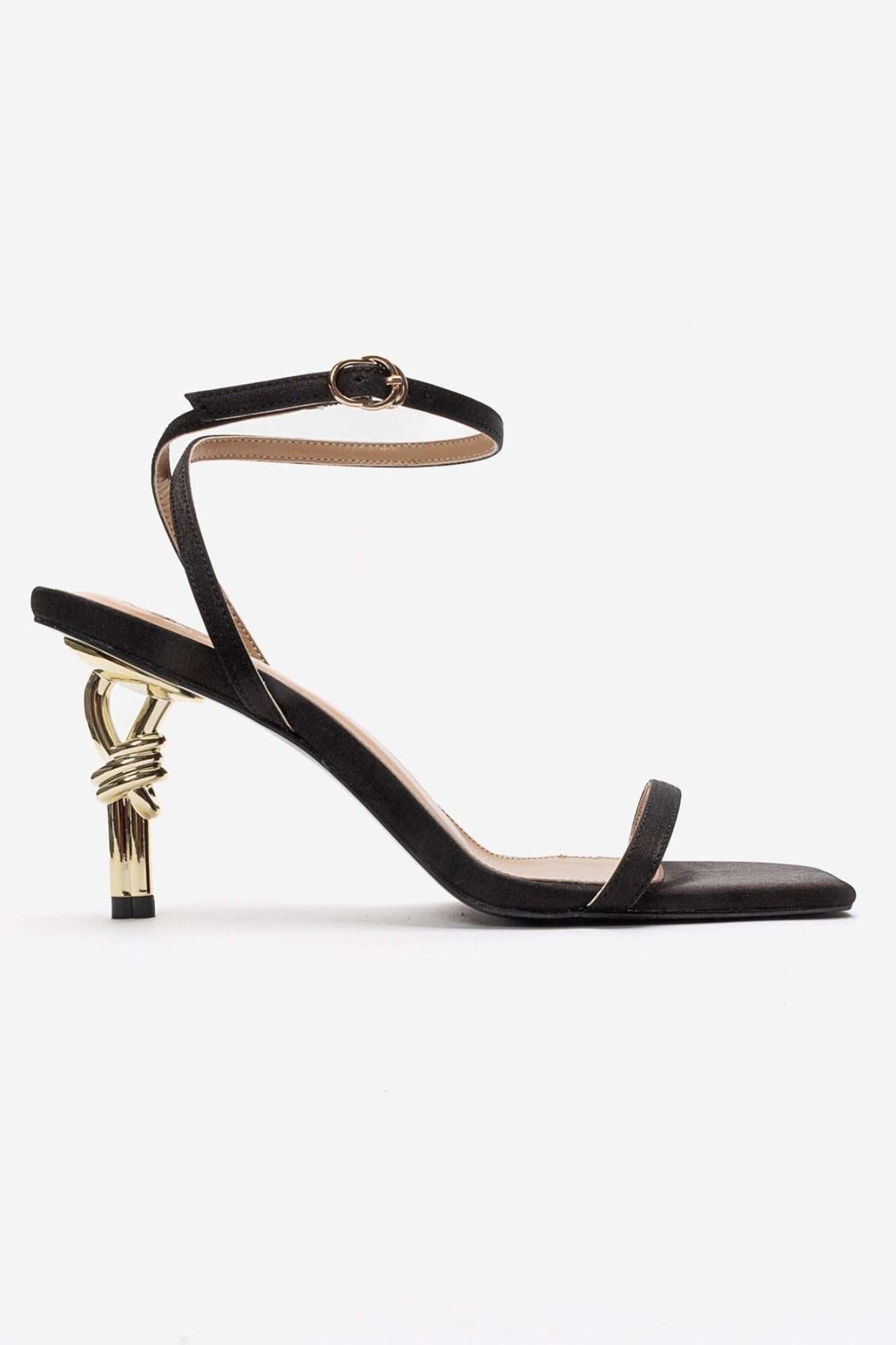 SONE - Black Satin Thin-Strap Gold-Heel Stiletto Pump (Women)