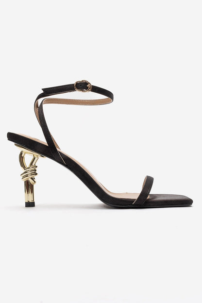 SONE - Black Satin Thin-Strap Gold-Heel Stiletto Pump (Women)