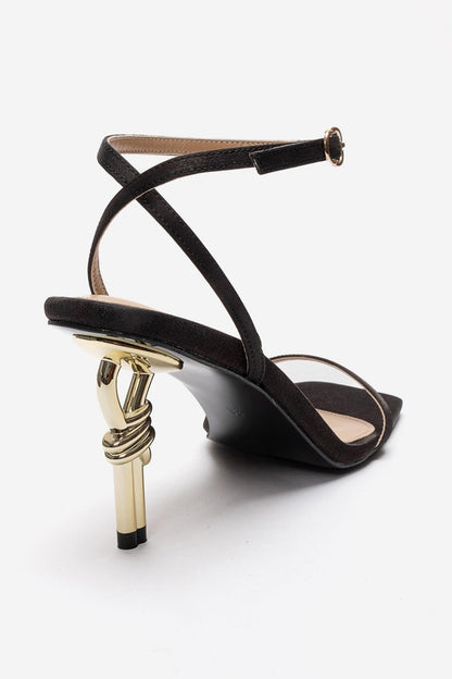 SONE - Black Satin Thin-Strap Gold-Heel Stiletto Pump (Women)