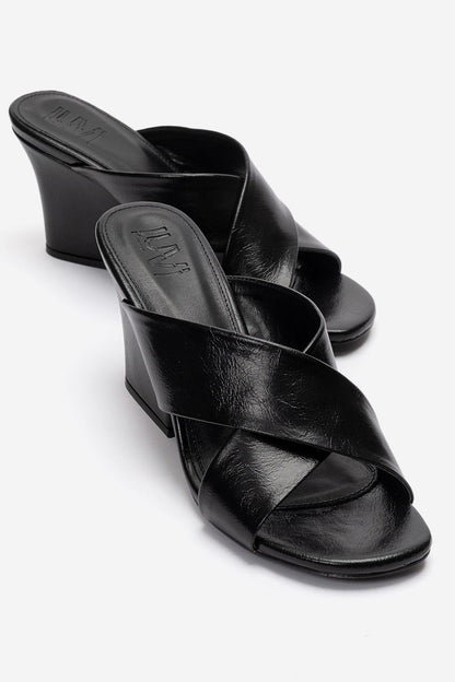 YAVIN - Black Cross-Strap Block Heel Slide (Women)