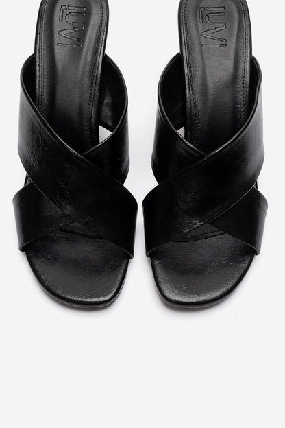 YAVIN - Black Cross-Strap Block Heel Slide (Women)