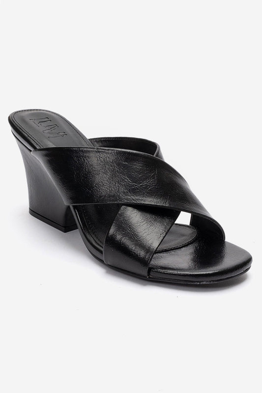 YAVIN - Black Cross-Strap Block Heel Slide (Women)