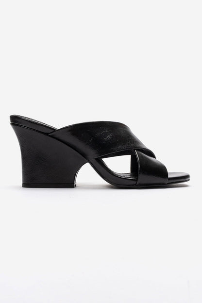YAVIN - Black Cross-Strap Block Heel Slide (Women)