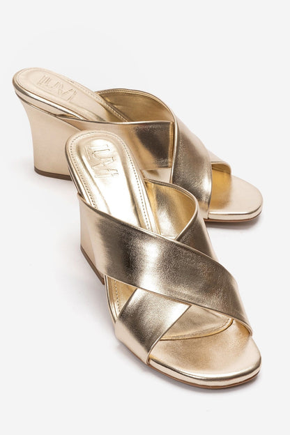 YAVIN - Gold Cross-Strap Block Heel Slide (Women)
