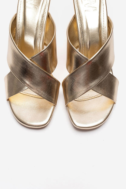 YAVIN - Gold Cross-Strap Block Heel Slide (Women)