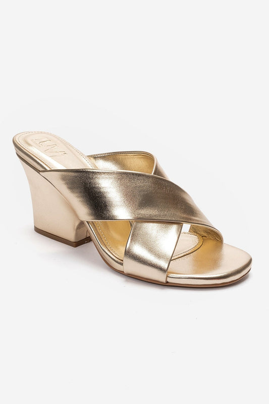 YAVIN - Gold Cross-Strap Block Heel Slide (Women)