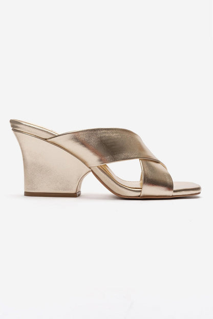 YAVIN - Gold Cross-Strap Block Heel Slide (Women)