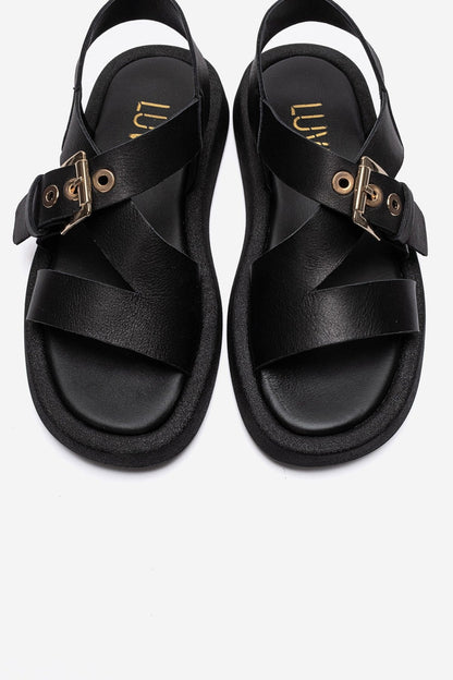 RIVEN - Black Genuine Leather Sandal (Women)