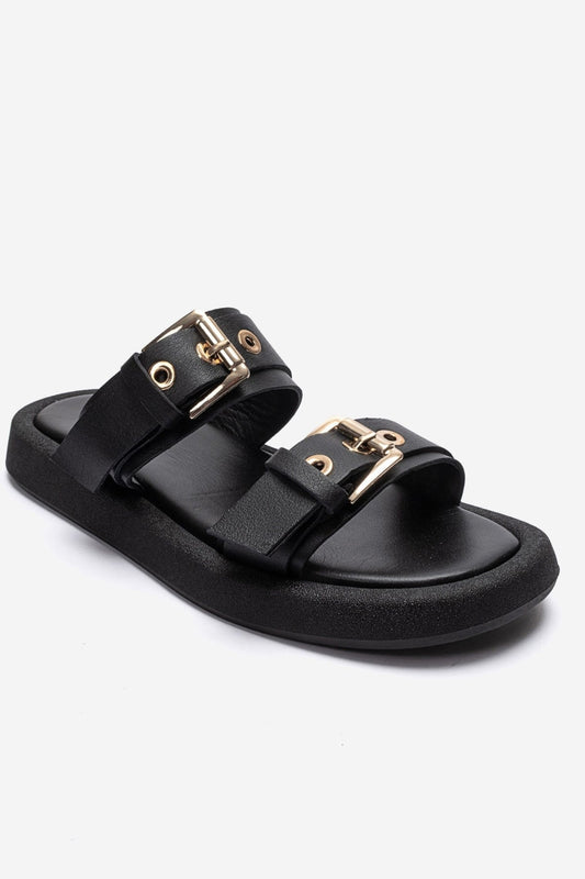 DOREL - Black Genuine Leather Buckle Slide (Women)