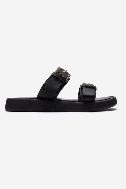 DOREL - Black Genuine Leather Buckle Slide (Women)