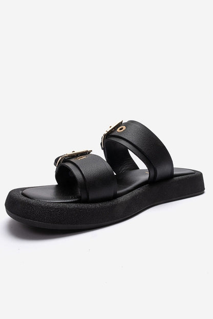 DOREL - Black Genuine Leather Buckle Slide (Women)