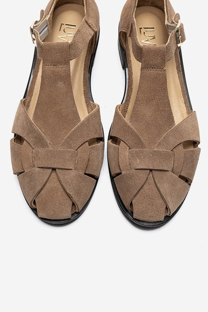 DEXARA - Taupe Genuine Suede Leather T-Strap Sandal (Women)