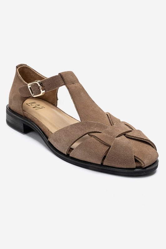 DEXARA - Taupe Genuine Suede Leather T-Strap Sandal (Women)