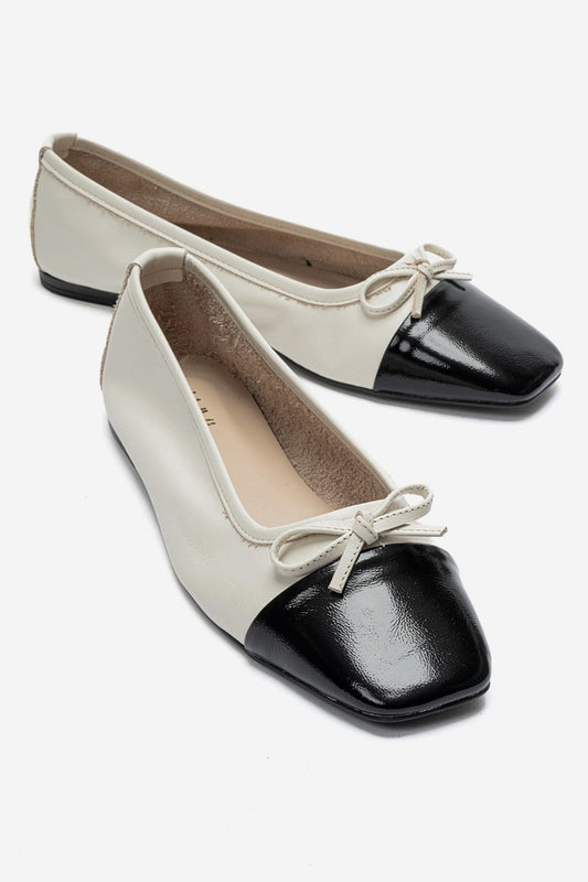 ROMY - Ecru - Black Genuine Leather Square Toe Bow Ballet Flat (Women)