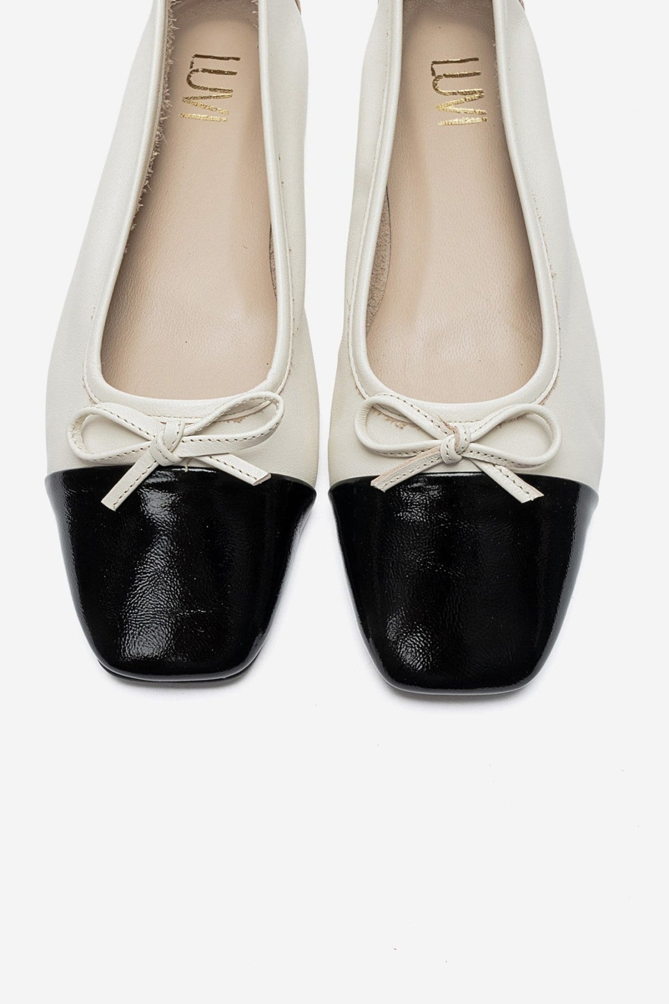ROMY - Ecru - Black Genuine Leather Square Toe Bow Ballet Flat (Women)