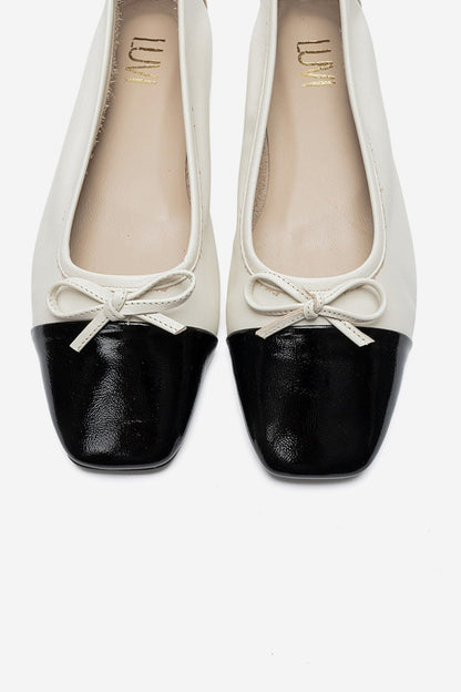 ROMY - Ecru - Black Genuine Leather Square Toe Bow Ballet Flat (Women)