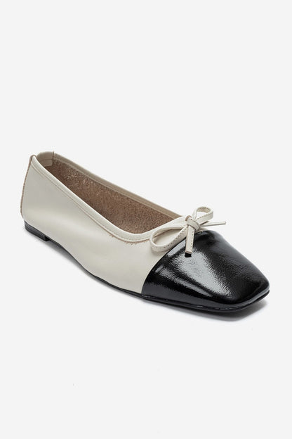 ROMY - Ecru - Black Genuine Leather Square Toe Bow Ballet Flat (Women)
