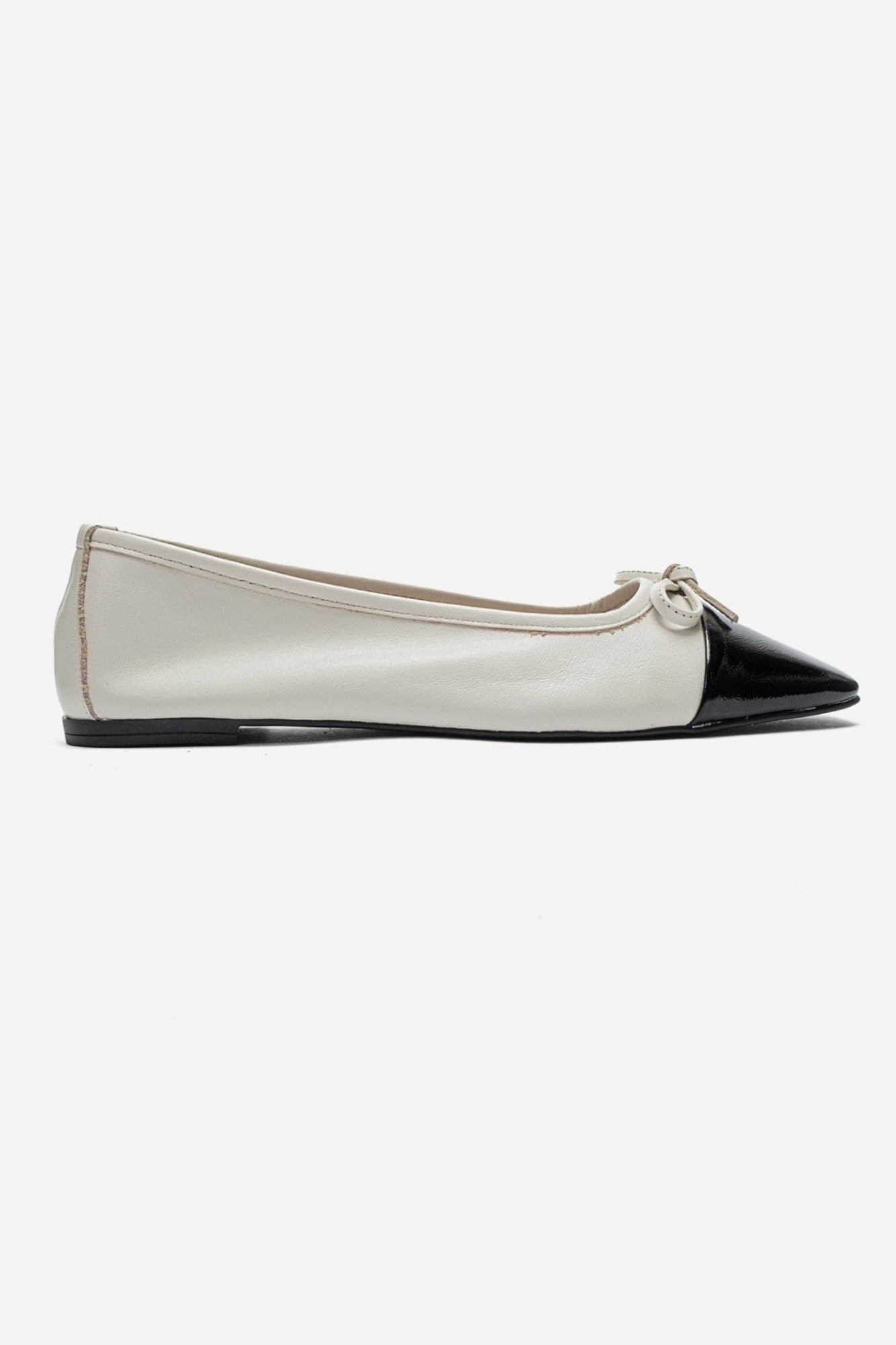 ROMY - Ecru - Black Genuine Leather Square Toe Bow Ballet Flat (Women)