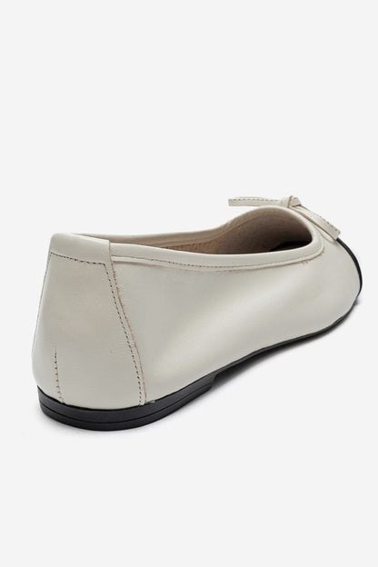 ROMY - Ecru - Black Genuine Leather Square Toe Bow Ballet Flat (Women)