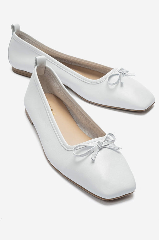 SOSA - White Genuine Leather Square Toe Bow Ballet Flat (Women)