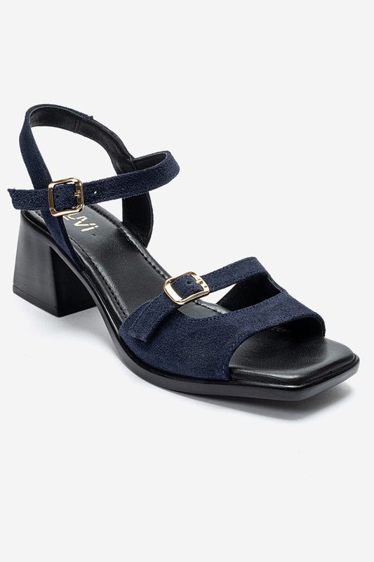 YOLEN - Navy Genuine Leather Block Heel Sandal (Women)