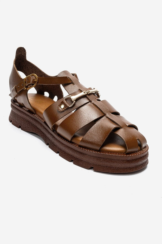 RIELA - Cognac Genuine Leather Buckled Sandal (Women)