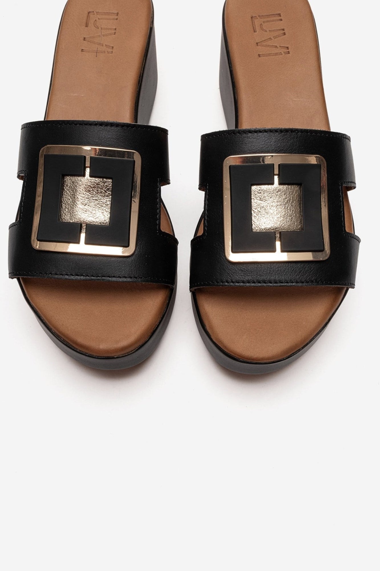 HIOLA - Black Genuine Leather Platform Wedge Slide (Women)