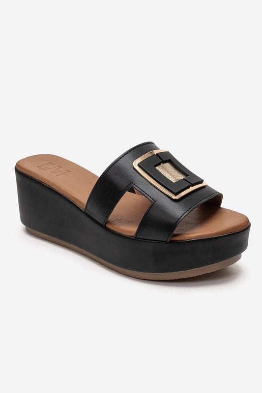HIOLA - Black Genuine Leather Platform Wedge Slide (Women)